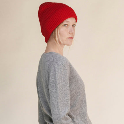 Cashmere Mix Red Ribbed Beanie