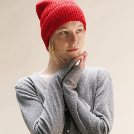 Cashmere Mix Red Ribbed Beanie