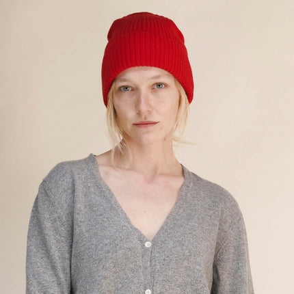 Cashmere Mix Red Ribbed Beanie
