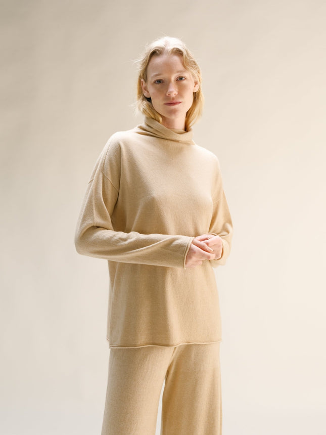 Cashmere Mix Relaxed High Neck Sweater (3D - Knit)