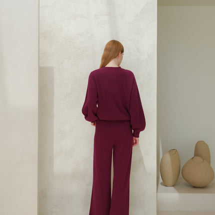 Cashmere Mix Ribbed Crewneck Sweater with Balloon Sleeves