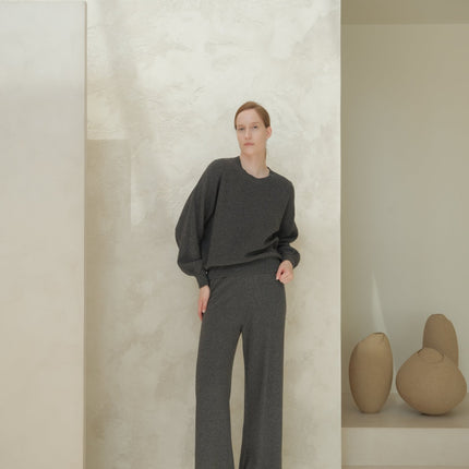 Cashmere Mix Ribbed Crewneck Sweater with Balloon Sleeves