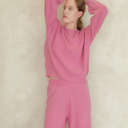 Cashmere Mix Ribbed Crewneck Sweater with Balloon Sleeves