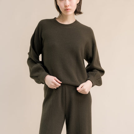 Cashmere Mix Ribbed Crewneck Sweater with Balloon Sleeves