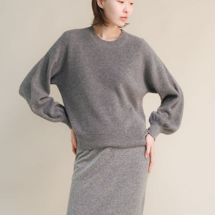 Cashmere Mix Ribbed Crewneck Sweater with Balloon Sleeves