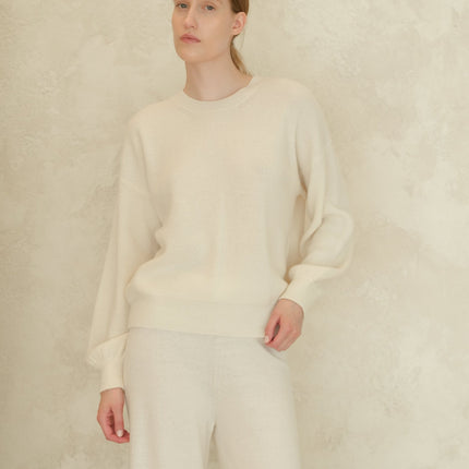 Cashmere Mix Ribbed Crewneck Sweater with Balloon Sleeves