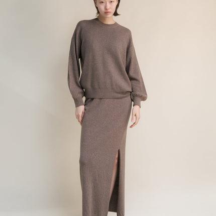 Cashmere Mix Ribbed Crewneck Sweater with Balloon Sleeves
