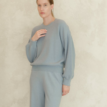 Cashmere Mix Ribbed Crewneck Sweater with Balloon Sleeves