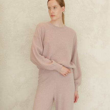 Cashmere Mix Ribbed Crewneck Sweater with Balloon Sleeves