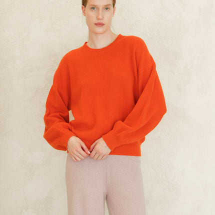 Cashmere Mix Ribbed Crewneck Sweater with Balloon Sleeves