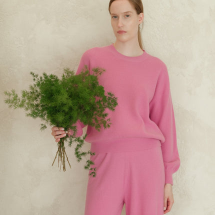 Cashmere Mix Ribbed Crewneck Sweater with Balloon Sleeves