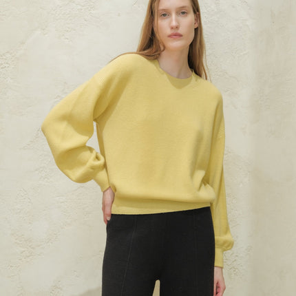 Cashmere Mix Ribbed Crewneck Sweater with Balloon Sleeves