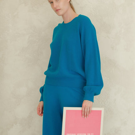 Cashmere Mix Ribbed Crewneck Sweater with Balloon Sleeves