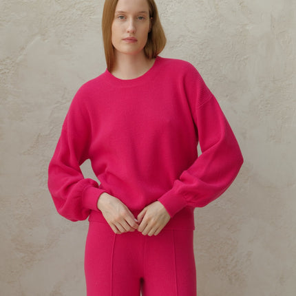Cashmere Mix Ribbed Crewneck Sweater with Balloon Sleeves