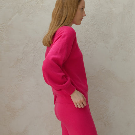 Cashmere Mix Ribbed Crewneck Sweater with Balloon Sleeves