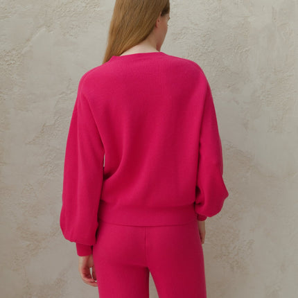 Cashmere Mix Ribbed Crewneck Sweater with Balloon Sleeves