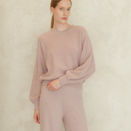 Cashmere Mix Ribbed Crewneck Sweater with Balloon Sleeves