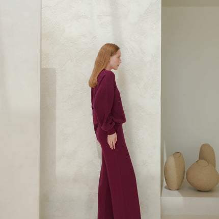 Cashmere Mix Ribbed Crewneck Sweater with Balloon Sleeves