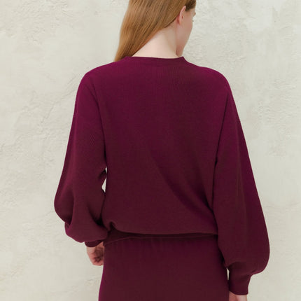 Cashmere Mix Ribbed Crewneck Sweater with Balloon Sleeves