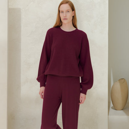 Cashmere Mix Ribbed Crewneck Sweater with Balloon Sleeves