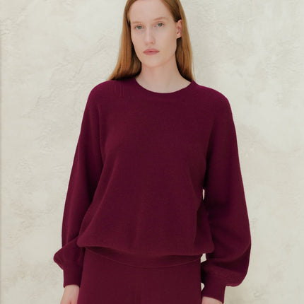 Cashmere Mix Ribbed Crewneck Sweater with Balloon Sleeves