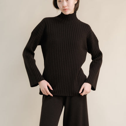 Cashmere Mix Ribbed High Neck with Side Slits