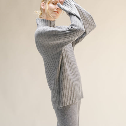 Cashmere Mix Ribbed High Neck with Side Slits