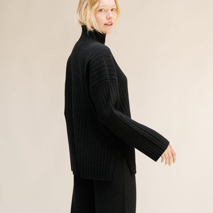 Cashmere Mix Ribbed High Neck with Side Slits