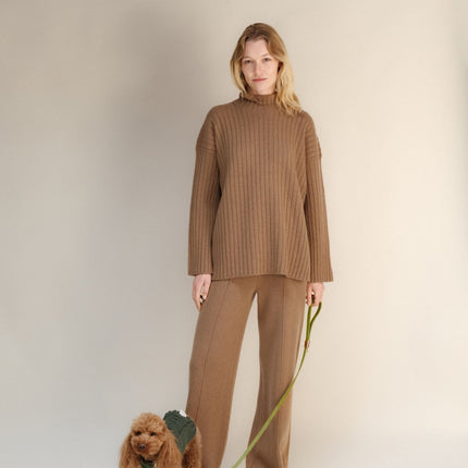 Cashmere Mix Ribbed High Neck with Side Slits