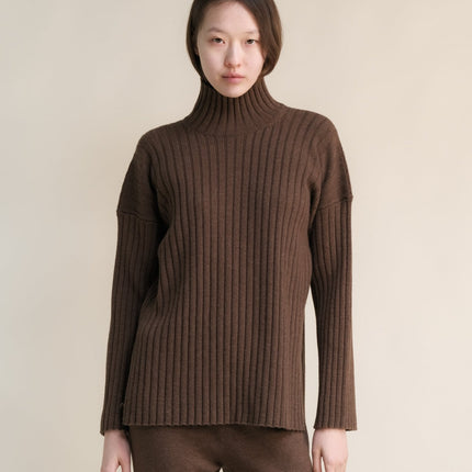 Cashmere Mix Ribbed High Neck with Side Slits