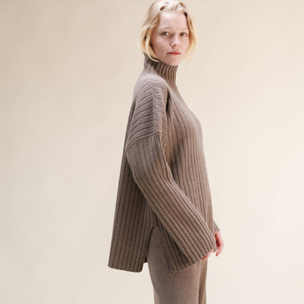 Cashmere Mix Ribbed High Neck with Side Slits