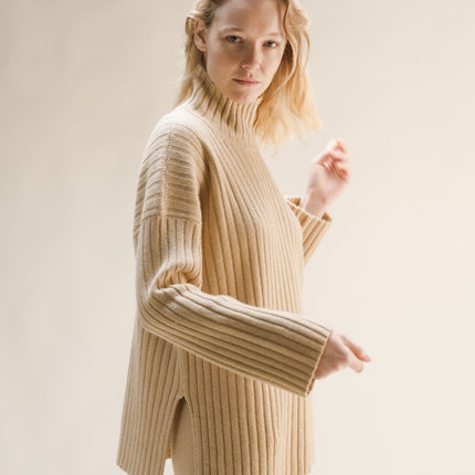 Cashmere Mix Ribbed High Neck with Side Slits