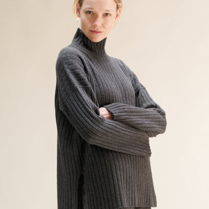 Cashmere Mix Ribbed High Neck with Side Slits