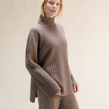Cashmere Mix Ribbed High Neck with Side Slits