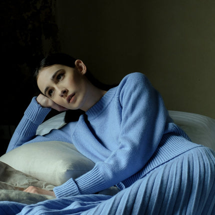 Cashmere Mix Roll - Up Cuff Crewneck Sweater