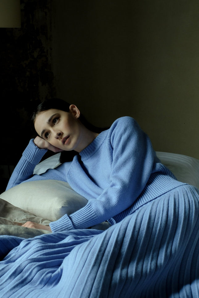 Cashmere Mix Roll - Up Cuff Crewneck Sweater