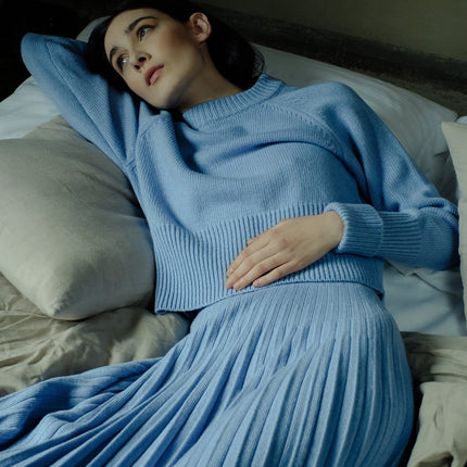 Cashmere Mix Roll - Up Cuff Crewneck Sweater