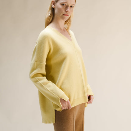 Cashmere Mix Solid Maxi V Neck with Side Slits