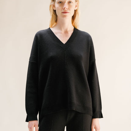 Cashmere Mix Solid Maxi V Neck with Side Slits