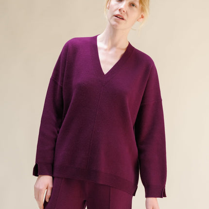 Cashmere Mix Solid Maxi V Neck with Side Slits