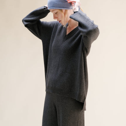 Cashmere Mix Solid Maxi V Neck with Side Slits