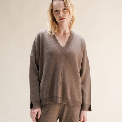 Cashmere Mix Solid Maxi V Neck with Side Slits