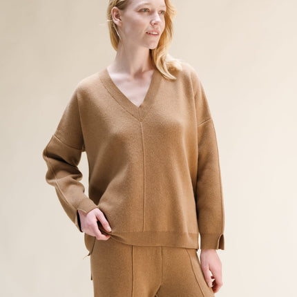 Cashmere Mix Solid Maxi V Neck with Side Slits