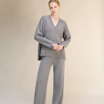 Cashmere Mix Solid Maxi V Neck with Side Slits