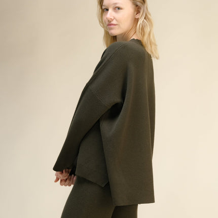 Cashmere Mix Solid Maxi V Neck with Side Slits