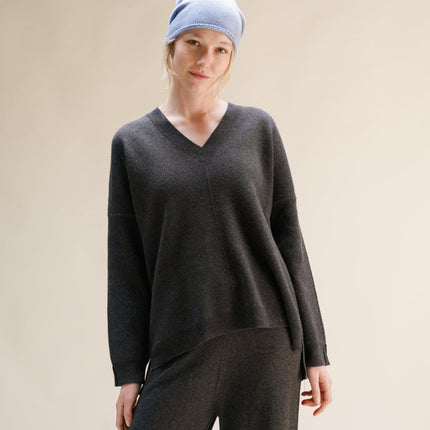 Cashmere Mix Solid Maxi V Neck with Side Slits