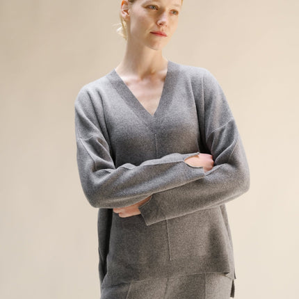 Cashmere Mix Solid Maxi V Neck with Side Slits