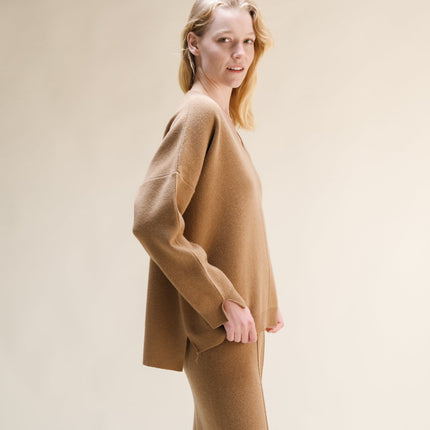 Cashmere Mix Solid Maxi V Neck with Side Slits