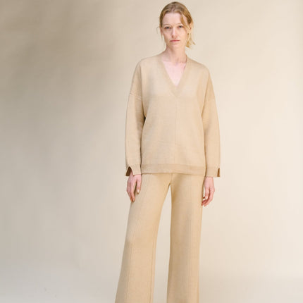 Cashmere Mix Solid Maxi V Neck with Side Slits