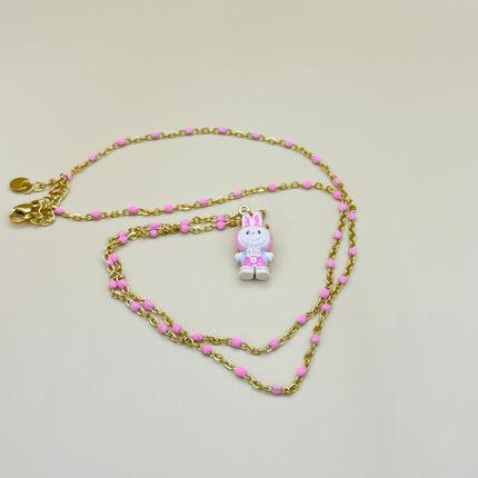 Collana Labubu Kawaii – Catena con perline placcata oro con ciondolo smaltato a forma di cartone animato